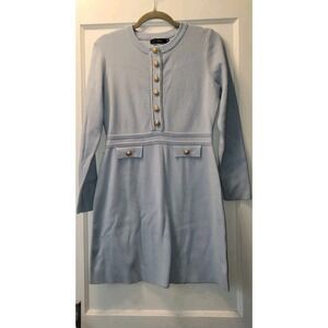 Nenona Light Blue A-Line Knee Length Dress M Crew Neck Long Sleeve Button